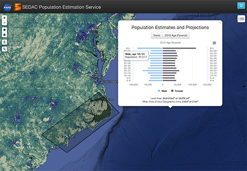 screen capture from the updated Population Estimator mapping tool depicts an area along the coast of Wilmington, North Carolina, affected by Hurricane Florence in fall 2018
