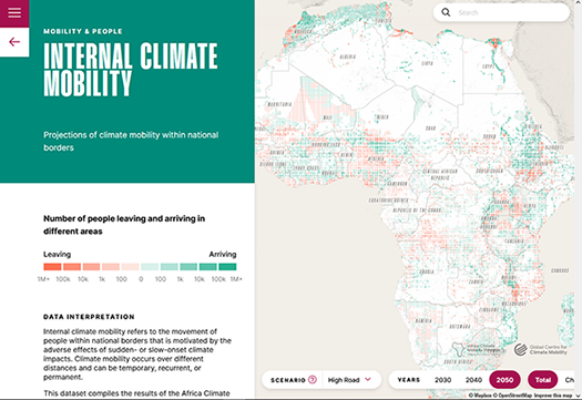 screenshot of (left) text describing internal climate mobility in African countries and (right) map of Africa depicting areas of mobility