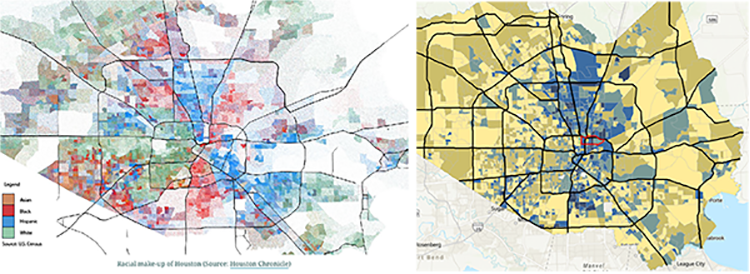 Left map: Racial make-up of the Greater Houston Metropolitan Area. Right map: Block group level Flood Vulnerability Index created by SEDAC and IRI.
