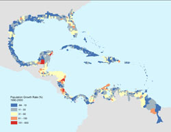 Map showing population growth rate estimates for the Gulf Coast and Caribean Basin