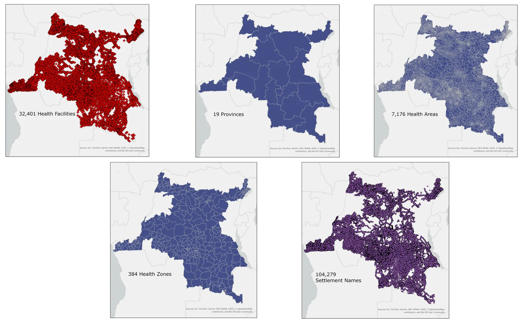 DRC map of health facilities, settlements and health boundaries.