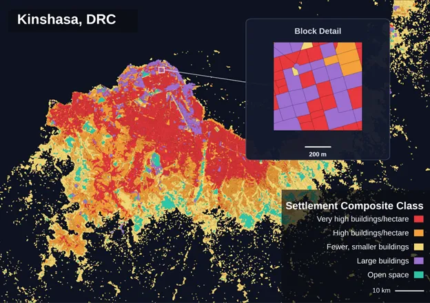 Settlement blocks from the GRID3 COD Settlement Extents v4.0 dataset, showing composite building classification across Kinshasa, Democratic Republic of the Congo.