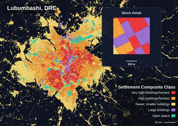 Settlement blocks from the GRID3 COD Settlement Extents v4.0 dataset, showing composite building classification across Lubumbashi, Democratic Republic of the Congo.