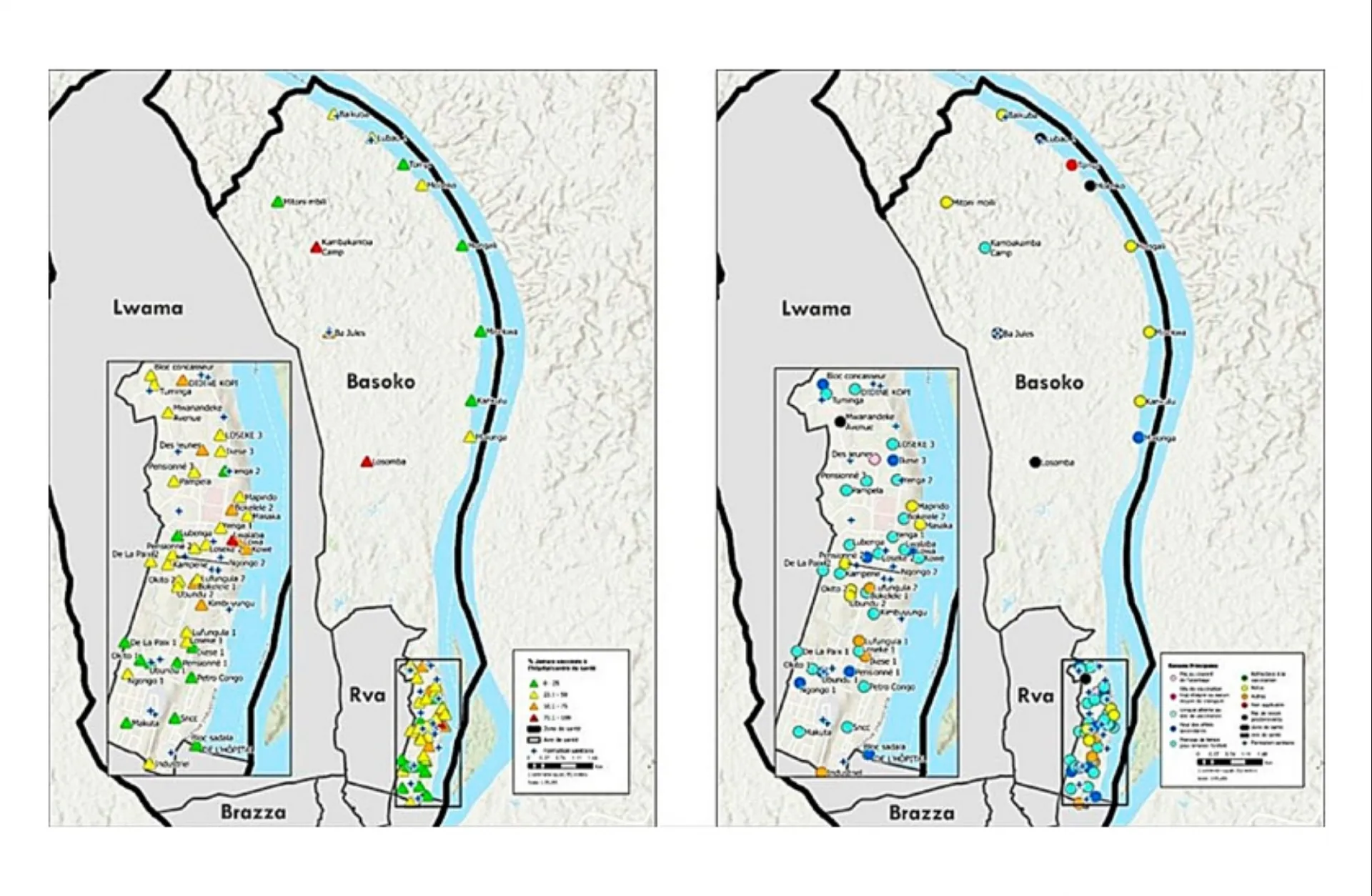 Basoko Health Area (HA), Kindu Health Zone, Maniema Province, Democratic Republic of the Congo, is an example of a combination map provided to local health staff that illustrates, by locality, the proportion of children aged 0–23 months who were never vaccinated (left) and the principal reasons for never vaccination (right).
