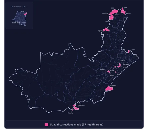 The latest update gives seventeen health areas in Ituri Province more accurate information: some boundaries were restored, others updated to incorporate newly added settlements or to remove old refugee camps. Last data release: June 29, 2026.