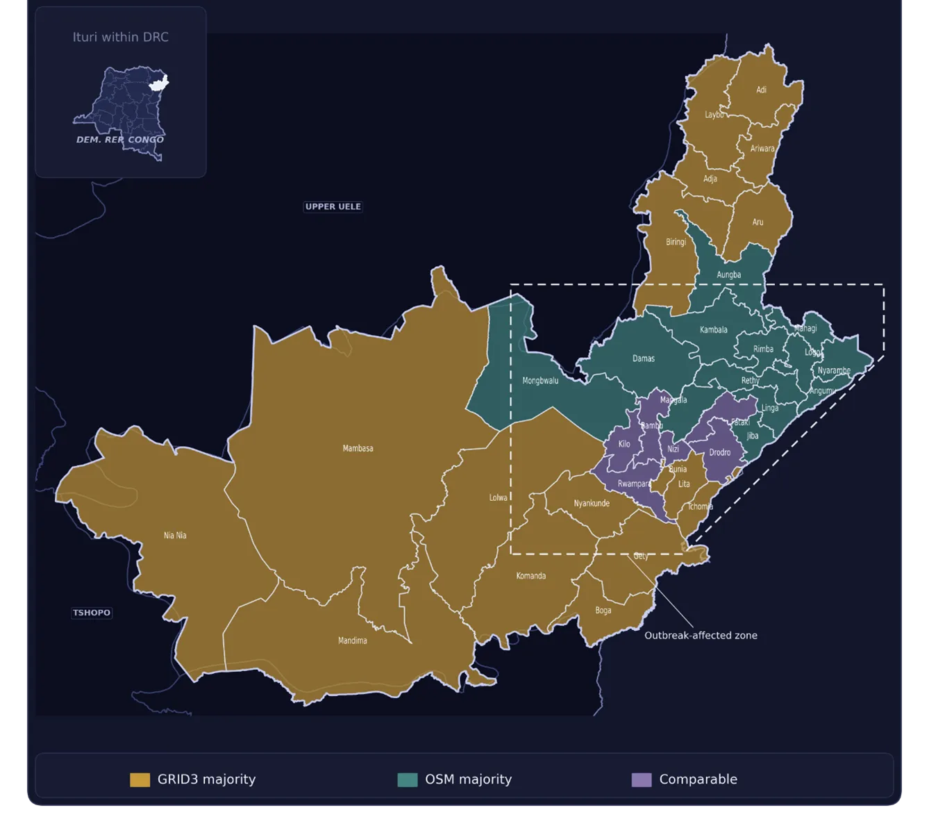 CIESIN and GRID3 improve spatial data quality in Ituri Province, including expanded settlement coverage. Health Zones are shown by whether GRID3 or OpenStreetMap(OSM) place names are more comprehensive, with nearly 1,200 GRID3 settlement points within Ituri’s active Ebola outbreak zone having no corresponding OSM settlement within 1km, based on OSM data downloaded in June 2026.