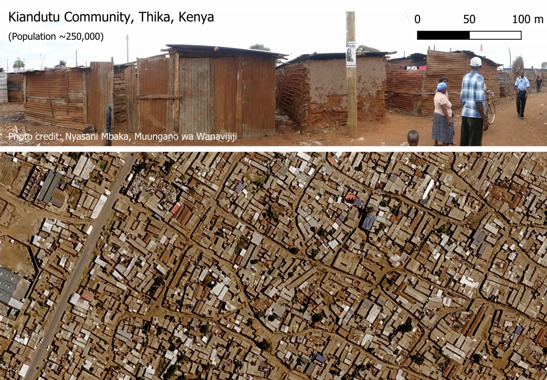 Street-level and satellite views of Kiandutu, Thika, Kenya (population approximately 250,000), illustrating the dense, morphologically deprived settlement patterns the CSMD model is designed to detect in small and medium-sized cities. Photo credit: Nyasani Mbaka, Muungano wa Wanavijiji; satellite imagery ©2015 Google.