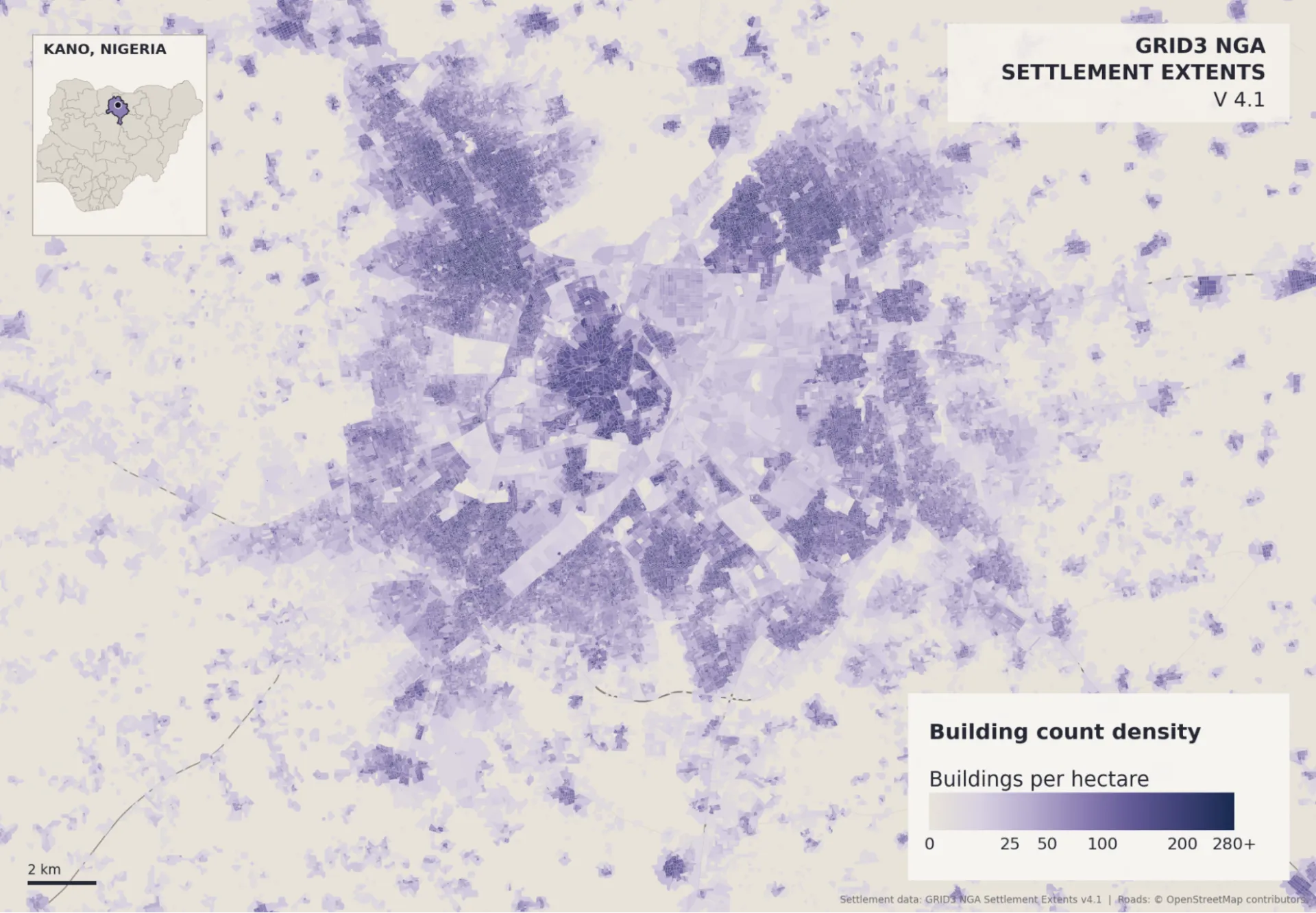 Building density across settlement blocks in Kano, Nigeria, using GRID3 Nigeria Settlement Extents v4.1.