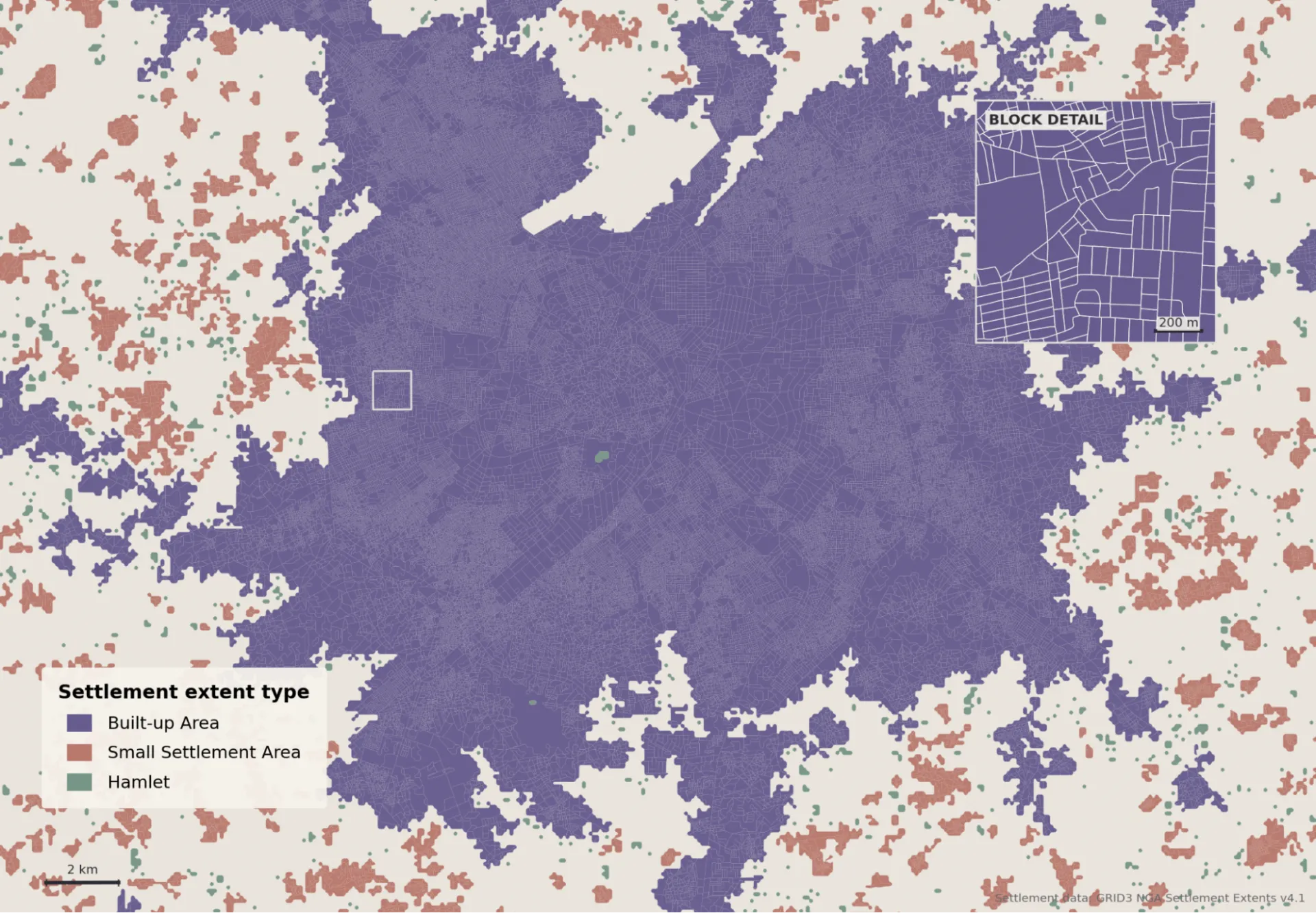Settlement extent types across Kano, Nigeria, with a detailed view of individual settlement blocks from the GRID3 Nigeria Settlement Extents v4.1 dataset.