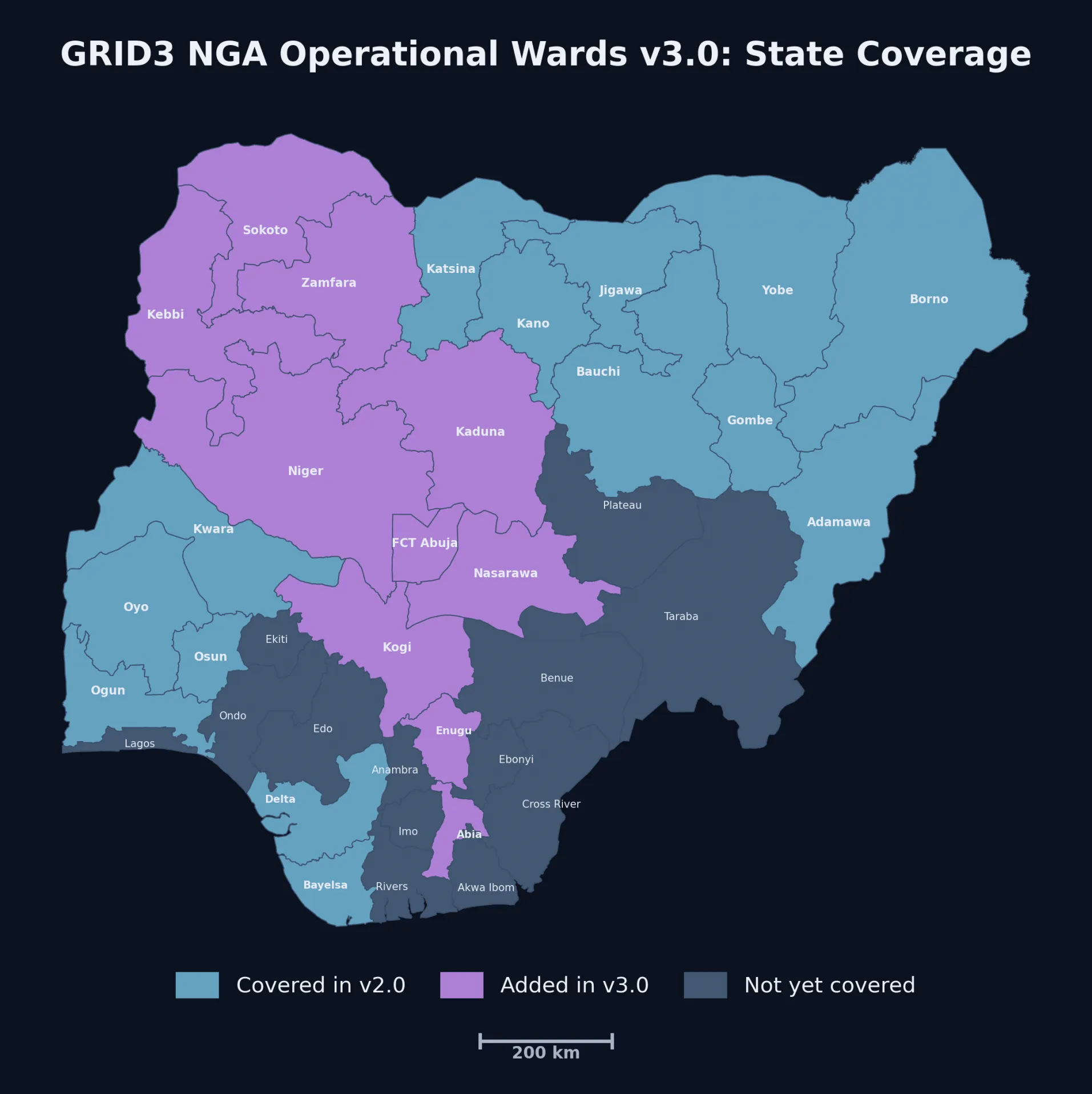 GRID3 NGA Wards v3.0 : State Coverage. Ward boundaries now cover 24 states: 14 carried over and revised from v2.0, and 10 newly updated, including Abia, Enugu, FCT Abuja, Kaduna, Kebbi, Kogi, Nasarawa, Niger, Sokoto, and Zamfara.