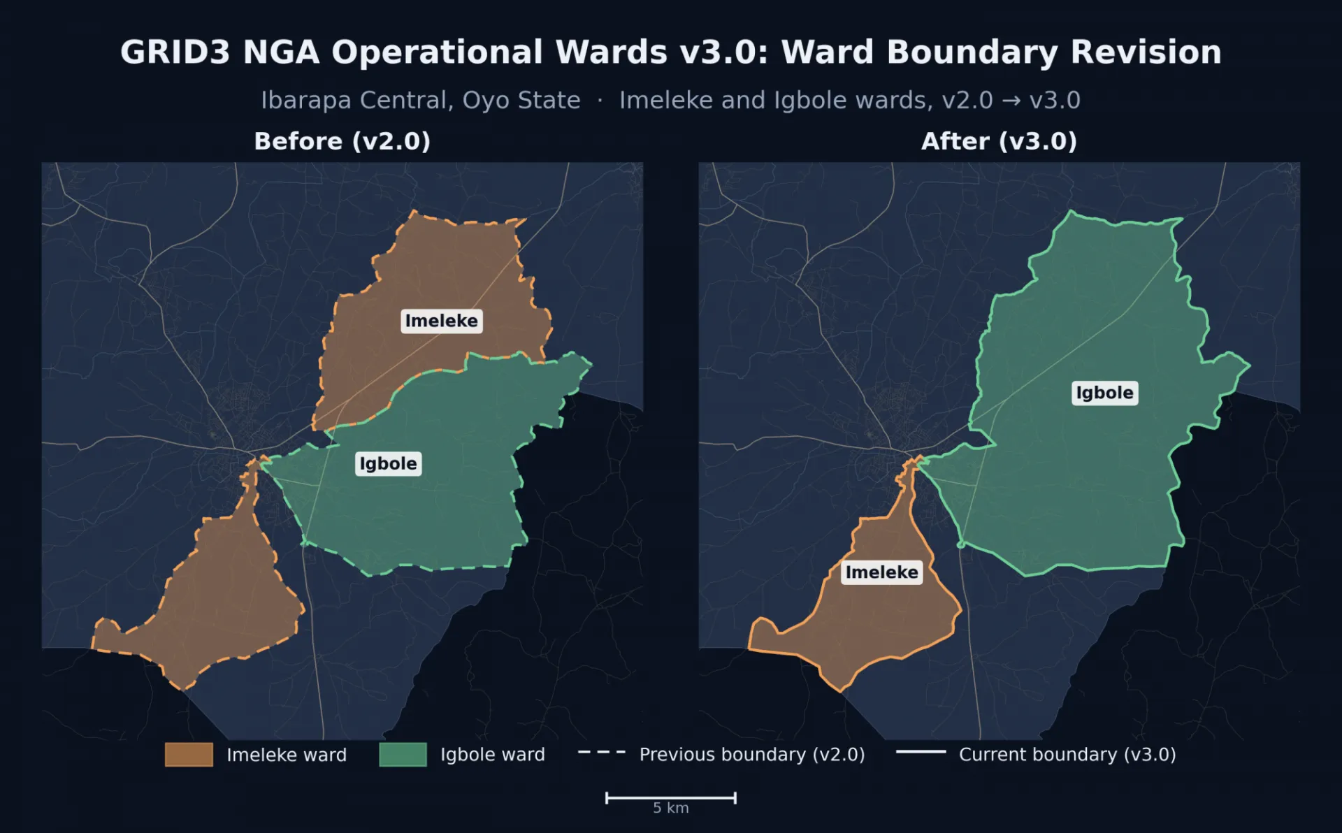 A revised ward boundary in Ibarapa Central, Oyo State, as part of GRID3's updated Nigeria wards dataset (v3.0).