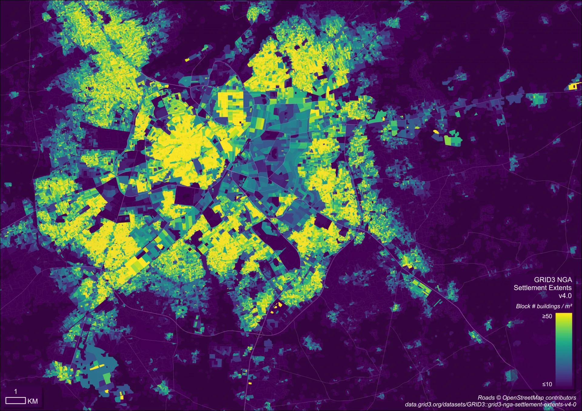 Settlement blocks from the GRID3 Nigeria Settlement Extents v4.0 dataset, showing  variation of block building density across Kano’s City, Nigeria.
