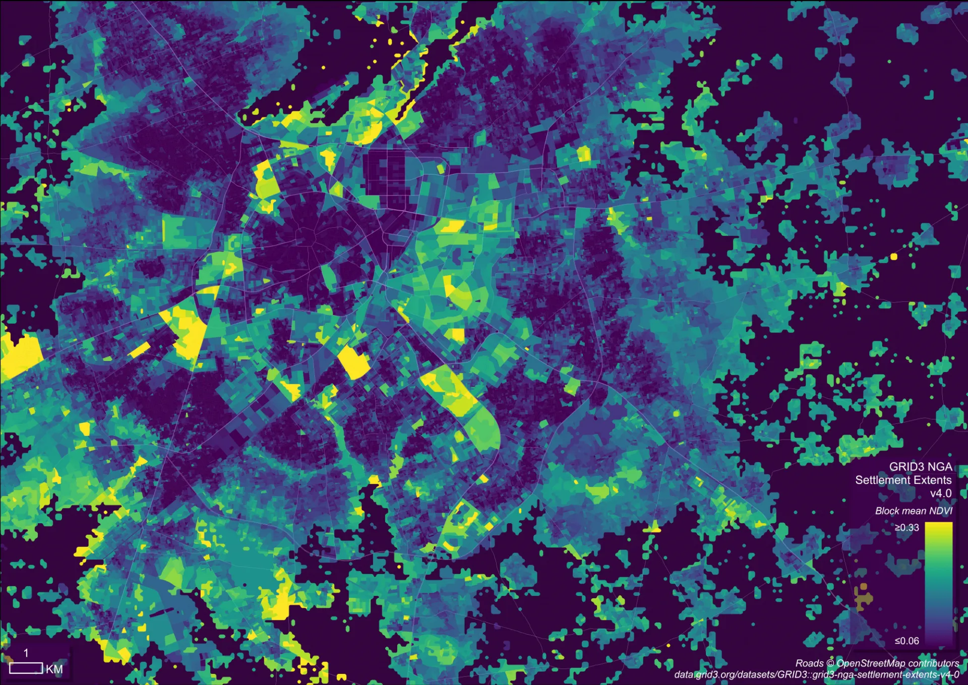 Settlement blocks from the GRID3 Nigeria Settlement Extents v4.0 dataset, showing variation of building blocks across Kano’s City, Nigeria.
