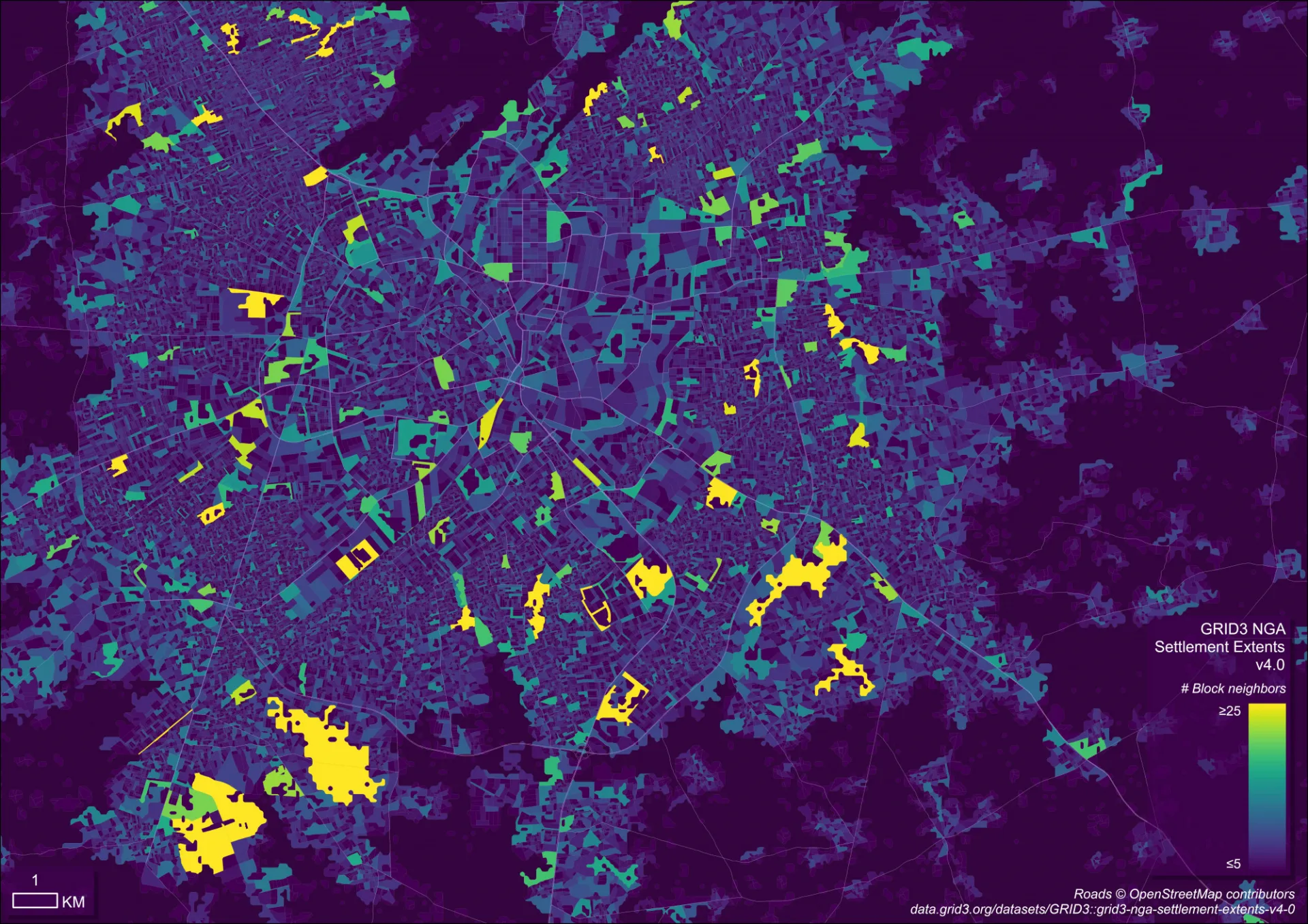 Settlement blocks from the GRID3 Nigeria Settlement Extents v4.0 dataset, showing  variation of block mean NDVI across Kano’s City, Nigeria.

