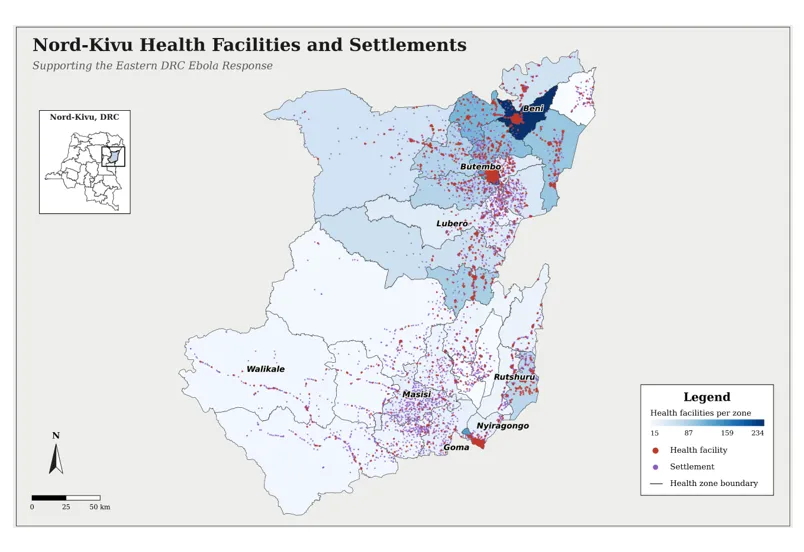 Health facilities and settlements across Nord-Kivu Province, shaded by facility density per health zone. Data produced by CIESIN in collaboration with GRID3 is supporting the ongoing Ebola response in eastern DRC.