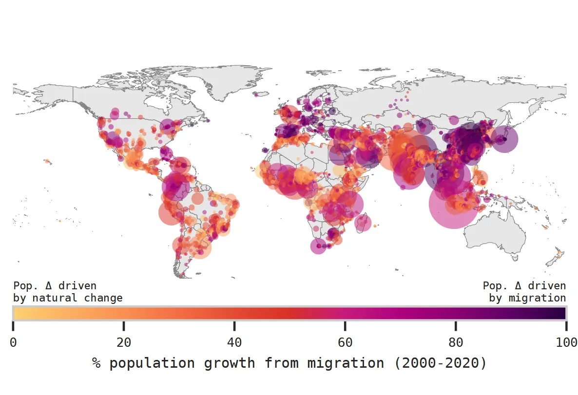 Map of population growth from migration (2000-2020).
