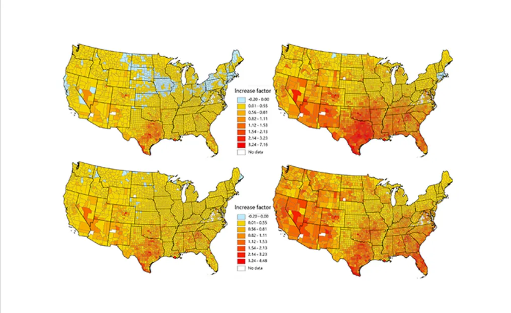 County-level municipal water use increase factor in 2050 (left) and 2070 (right)