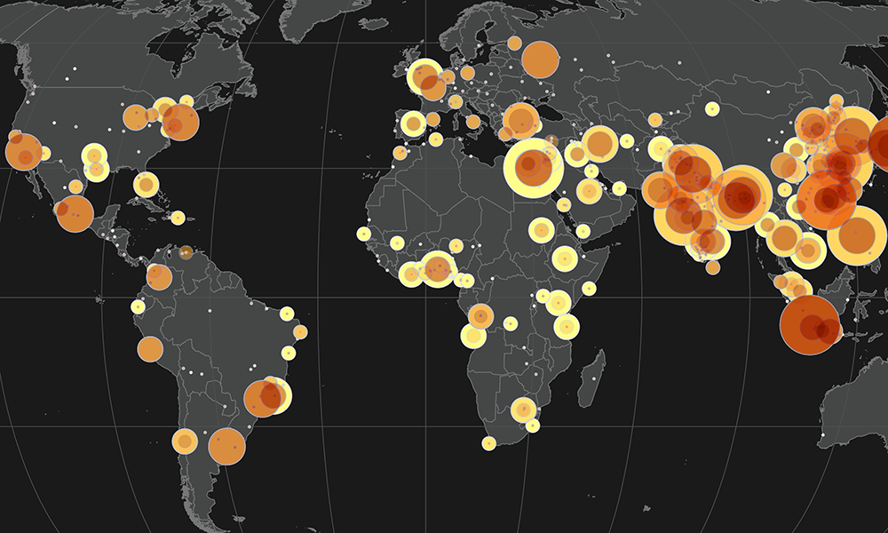 Global map of SEDAC's Global Urban Polygons and Points Dataset (GUPPD) with concentric circles indicating urban centers.